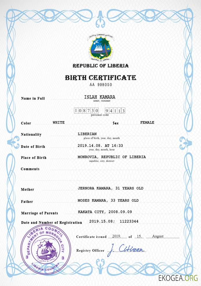 Modèle PSD de certificat de naissance de l'état civil du Libéria